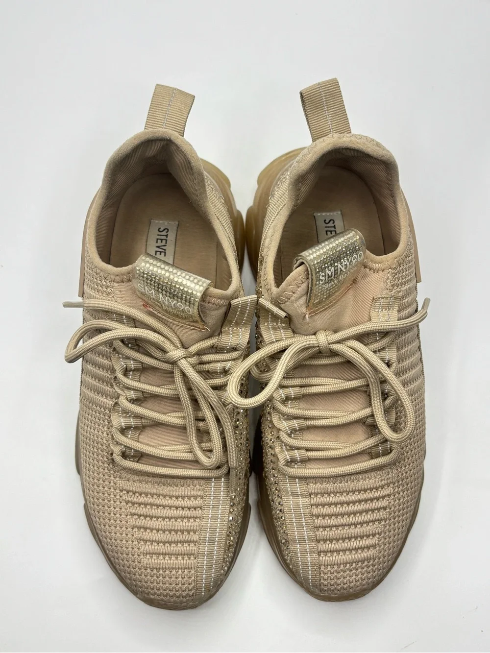 Steve Madden Maxima Beige Rhinestone Sneakers Monochrome Chunky 7.5 Maximalist